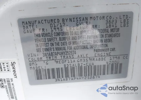 2017 Nissan Sentra S из США, поврежденный, VIN 3N1AB7AP4HY252874